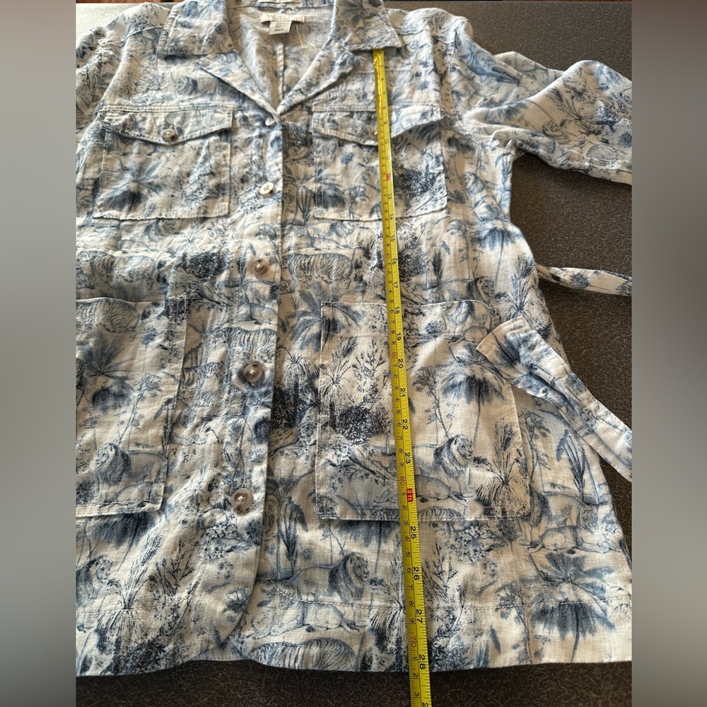Rachel Zoe 100% Linen Blue Toile Safari Animal Print Belted Safari Jacket Small - Picture 6 of 7